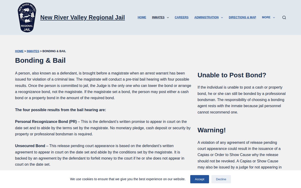 New River Valley Regional Jail bond release rules for Carroll County detainees