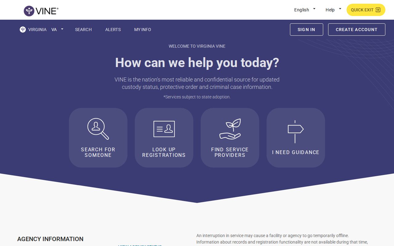 Virginia VINE start screen for a Carroll County VINELink inmate search